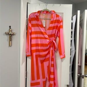 Pink and Orange Striped Wrap Dress